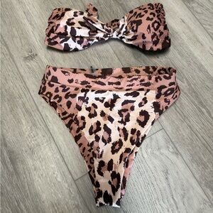 Leopard Print Bandeau Bikini Set in Blush and Brown